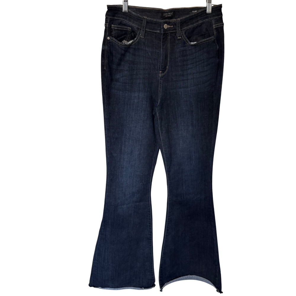 Judy Blue Flare Jeans Womens 11/30‎ Dark Wash Excellent High Rise Raw Hem Bell